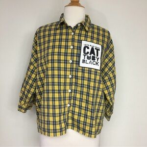 A02 Toby Black Yellow Plaid Oversize Boxy Button Shirt Size Medium Urban Grunge